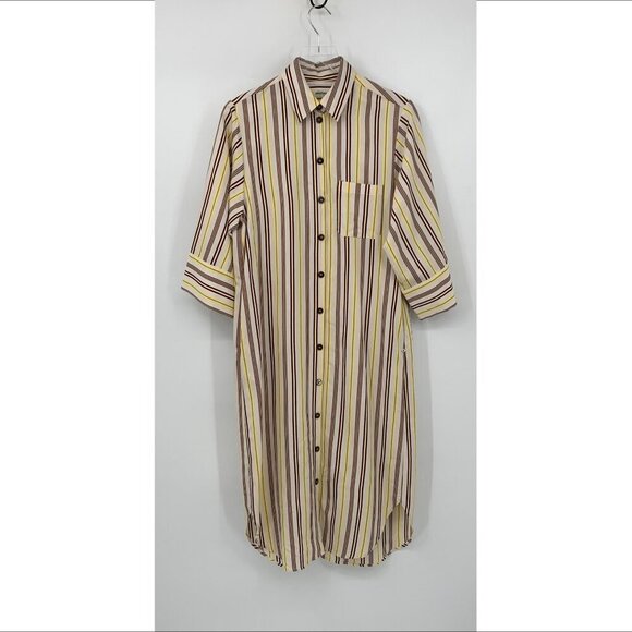 Otto D'Ame striped shirtdress dress midi yellow brown Italy boxy over-sized 2 - Picture 1 of 6
